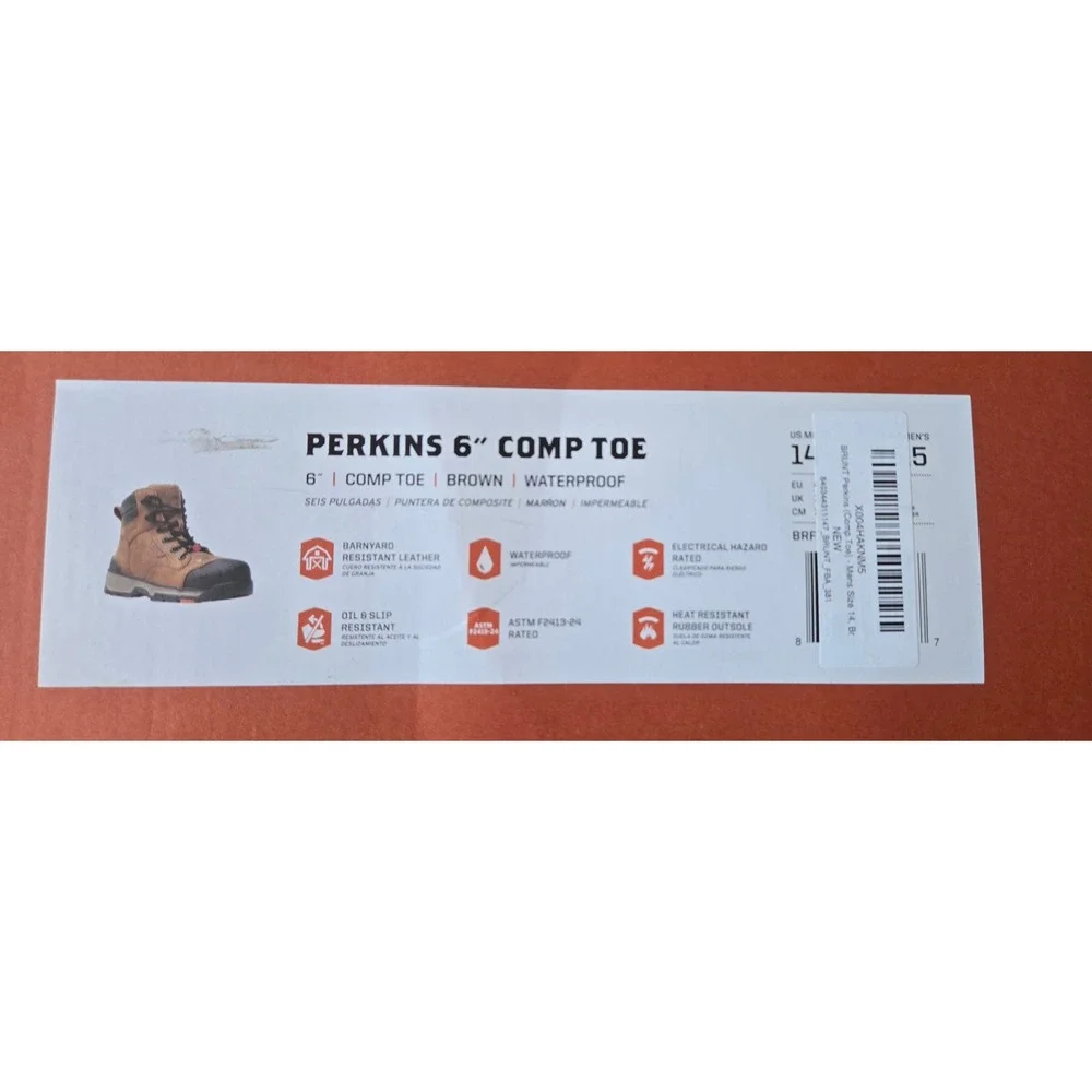 BRUNT The Perkins Waterproof Comp Toe 6in Work Boots Mens 14 Brown ASTM F2413-24